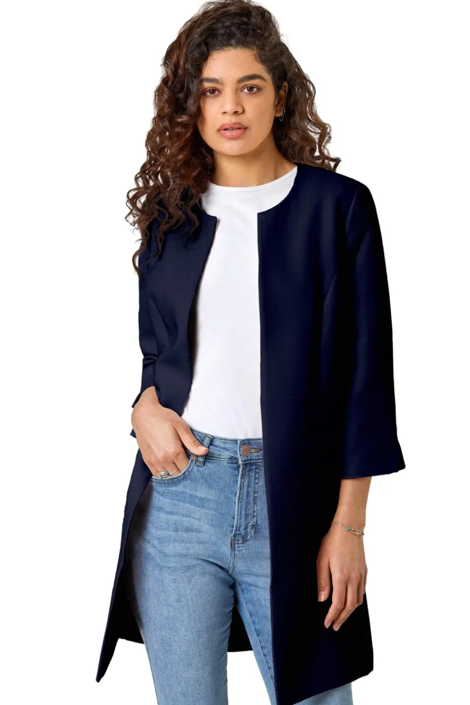 Coats & Jackets>Roman 3/4 Sleeve Textured Longline Jacket Navy