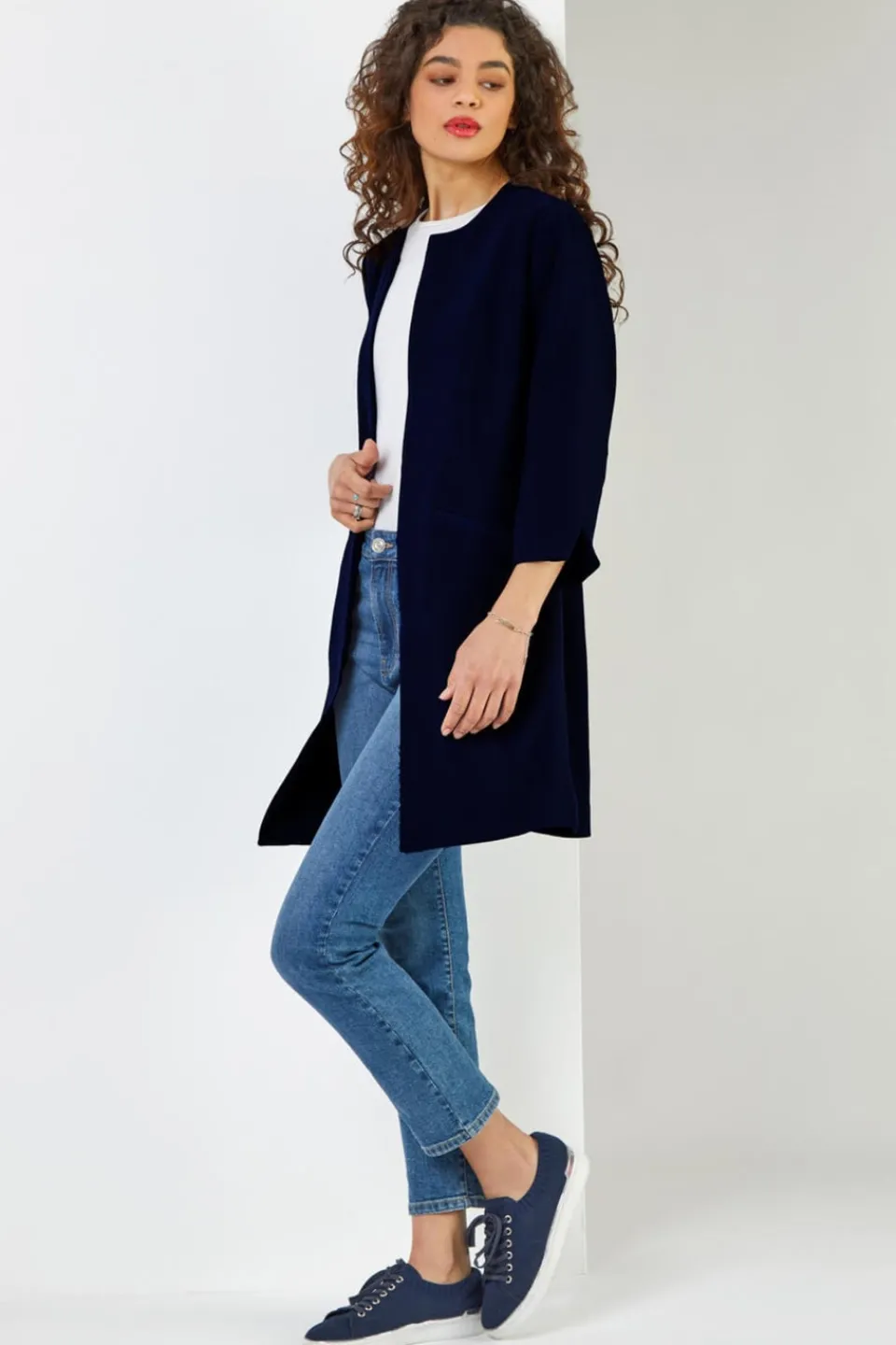 Coats & Jackets>Roman 3/4 Sleeve Textured Longline Jacket Navy