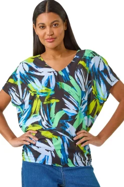 T-Shirts>Roman Navy Abstract Print V-Neck Stretch Top