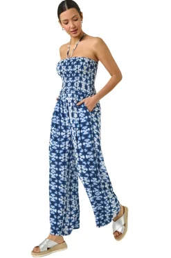 Jumpsuits & Playsuits>Roman Navy Abstract Shirred Bardot Jumpsuit