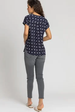 T-Shirts>Roman Navy Aztec Print Button V-Neck Detail Top