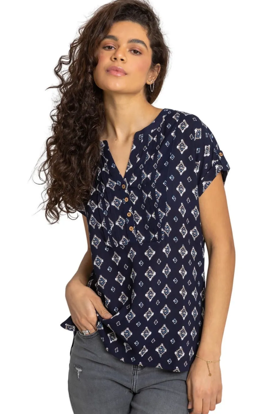 T-Shirts>Roman Navy Aztec Print Button V-Neck Detail Top