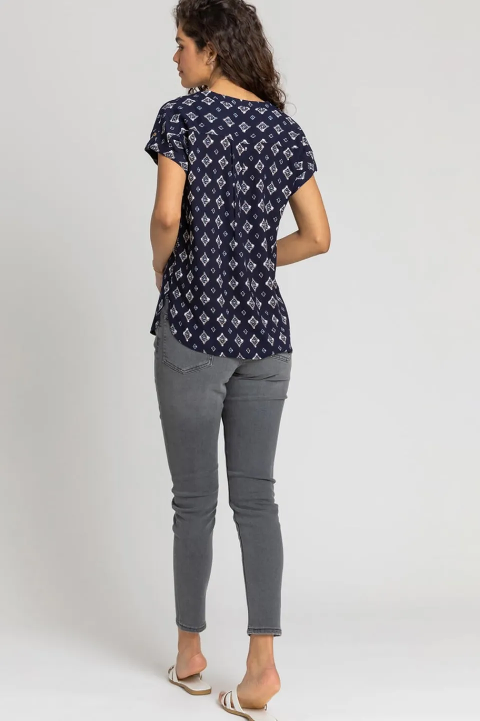 T-Shirts>Roman Navy Aztec Print Button V-Neck Detail Top