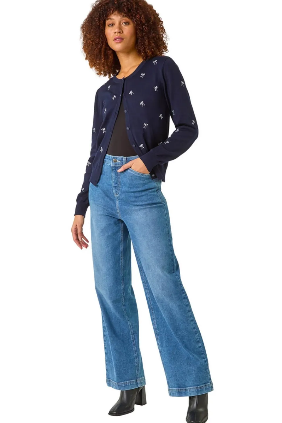 Tops>Roman Bow Embroidered Cardigan Navy