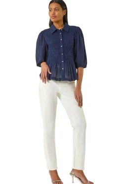 Tops>Roman Navy Collar Shirred Button Blouse