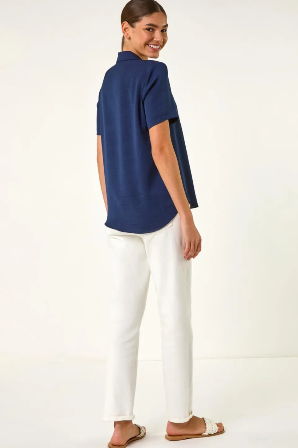 Tops>Roman Navy Collared Short Sleeve Blouse