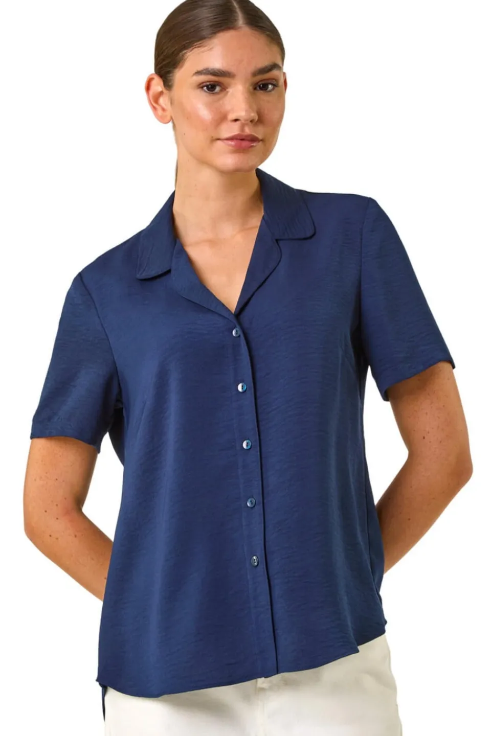 Tops>Roman Navy Collared Short Sleeve Blouse