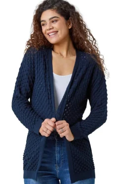 Tops>Roman Navy Cotton Blend Waffle Knit Cardigan
