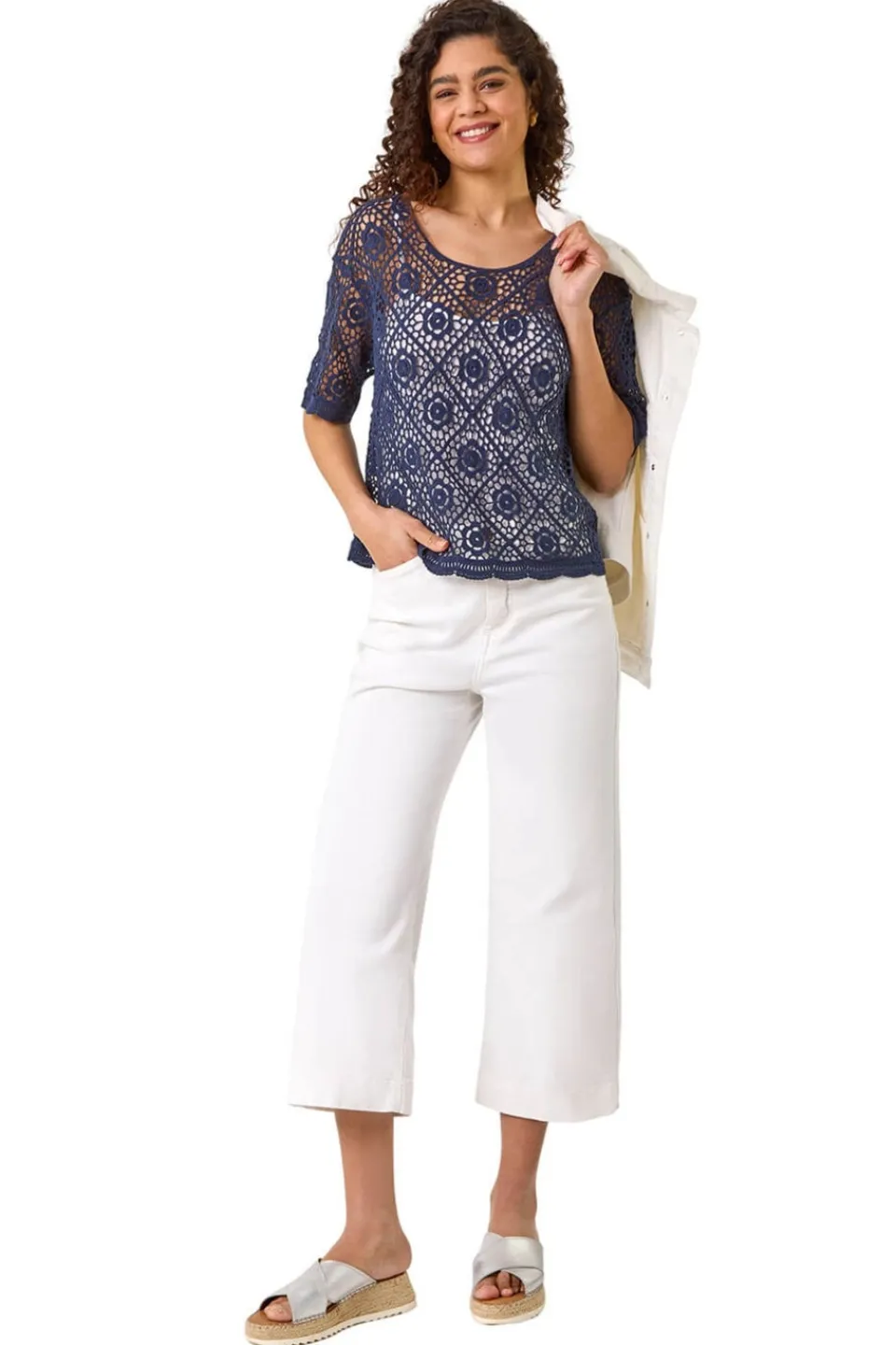 T-Shirts>Roman Navy Cotton Crochet T-Shirt