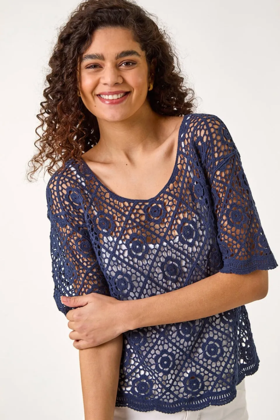 T-Shirts>Roman Navy Cotton Crochet T-Shirt