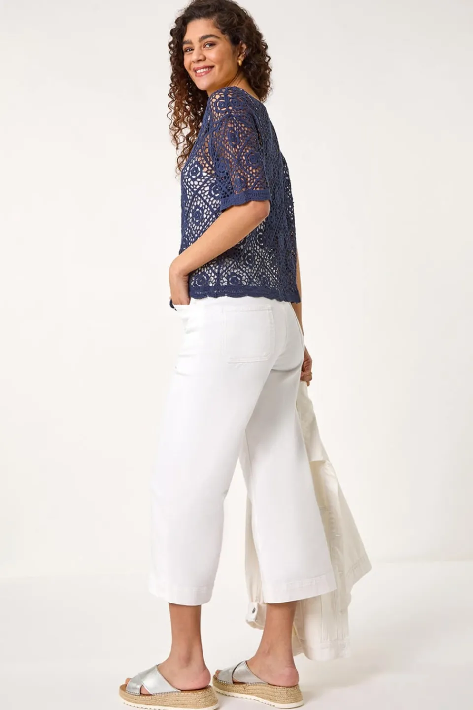 T-Shirts>Roman Navy Cotton Crochet T-Shirt