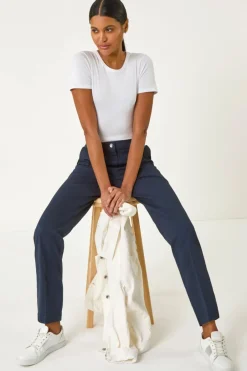Trousers>Roman Navy Cotton Full Length Stretch Trouser