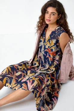 Dresses>Roman Navy Cotton Tropical Lace Detail Tiered Dress