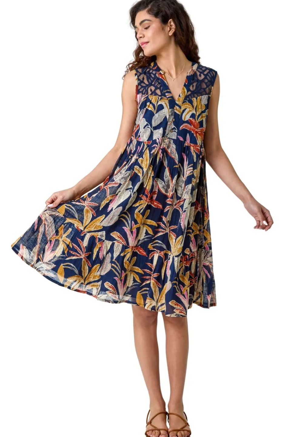 Dresses>Roman Navy Cotton Tropical Lace Detail Tiered Dress
