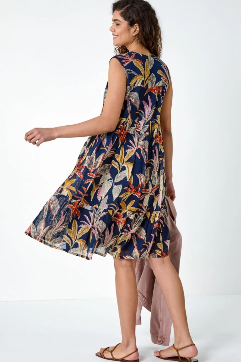 Dresses>Roman Navy Cotton Tropical Lace Detail Tiered Dress
