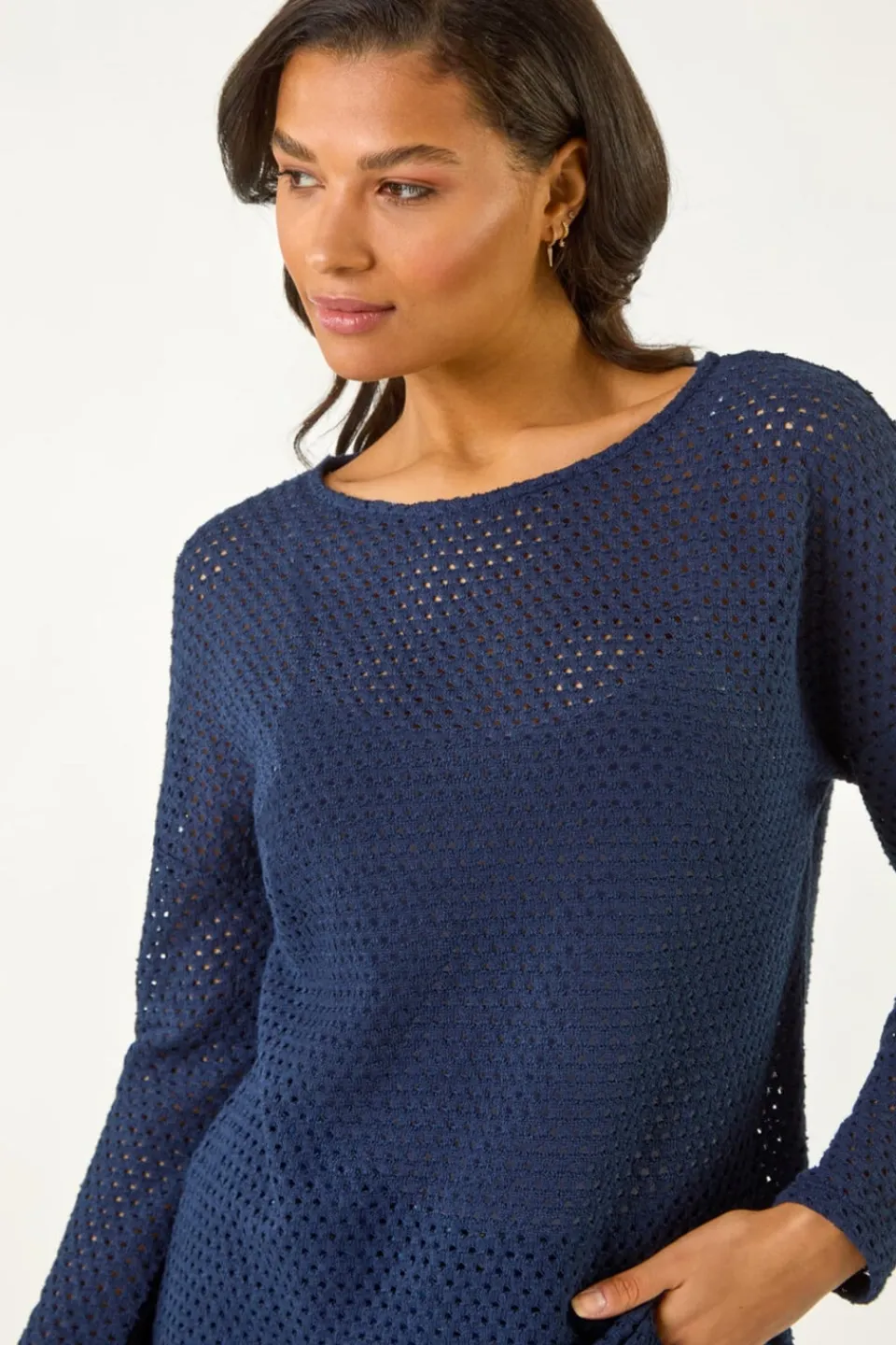 Tops>Roman Navy Crochet Cotton Jersey Top