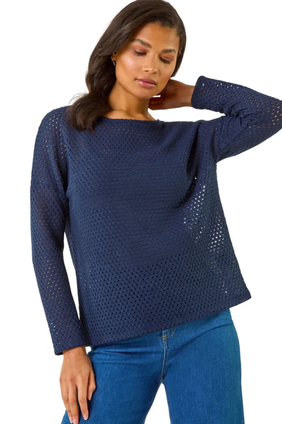 Tops>Roman Navy Crochet Cotton Jersey Top