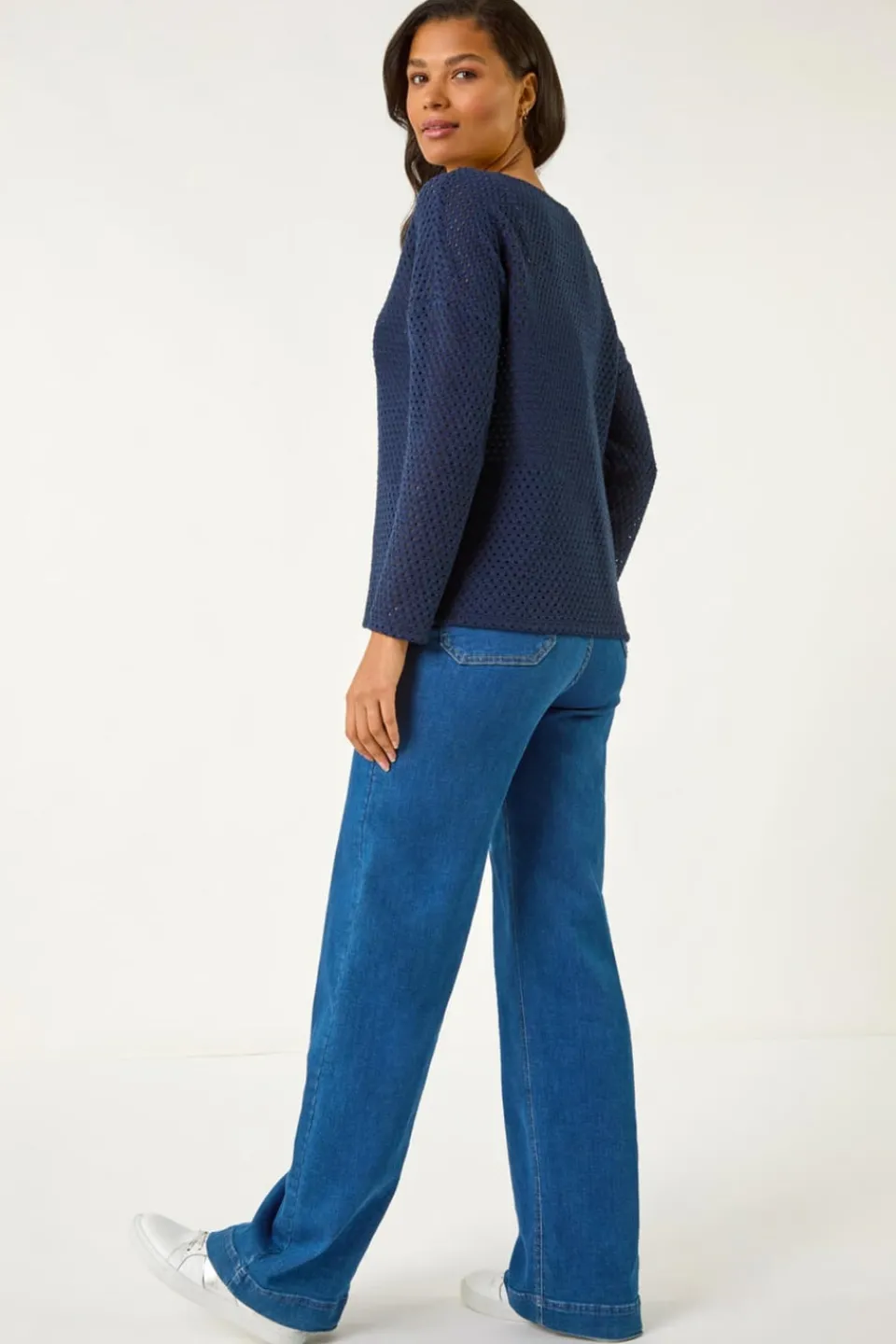 Tops>Roman Navy Crochet Cotton Jersey Top
