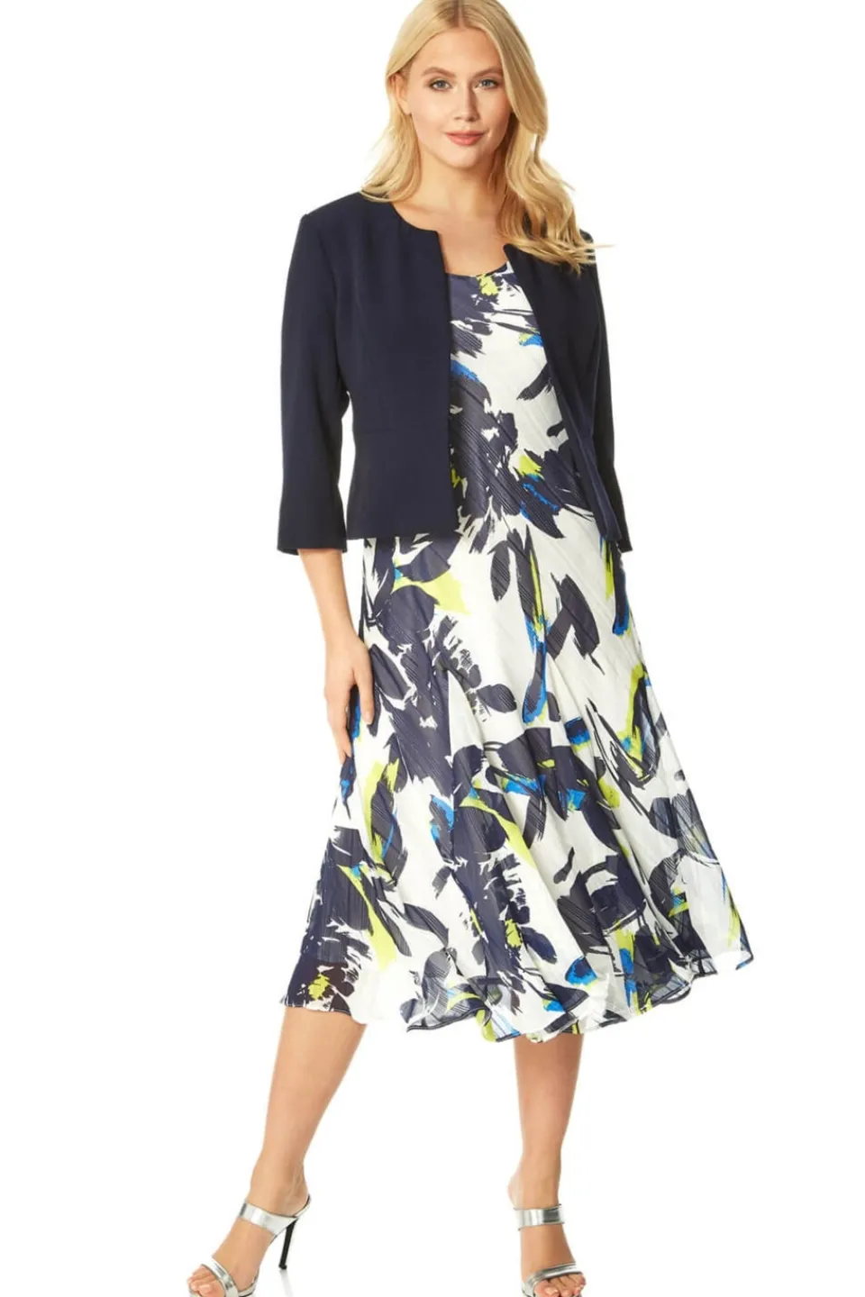 Coats & Jackets>Roman Cropped Bolero Tailored Jaquard Jacket Wedding Shrug Fitted Blazer Navy