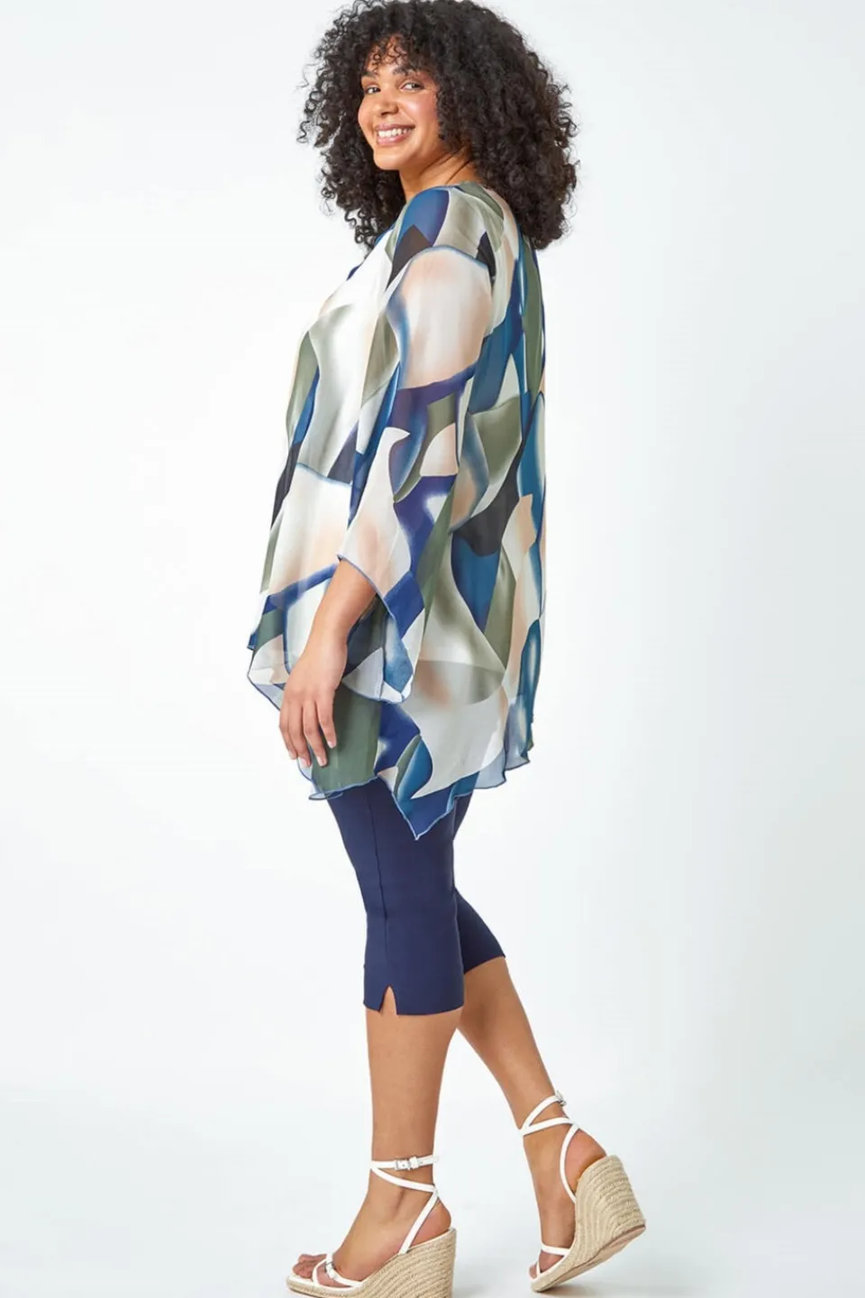 Tops>Roman Navy Curve Abstract Chiffon Overlay Top