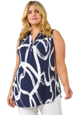 Tops>Roman Navy Curve Abstract Print Vest Top