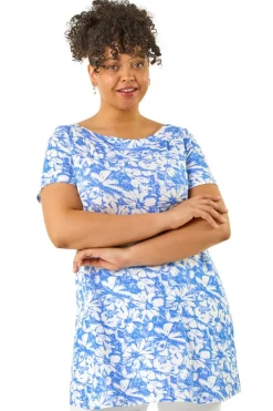 T-Shirts>Roman Navy Curve Bardot Floral Stretch Top