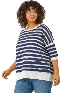 Tops>Roman Navy Curve Crochet Stripe Knit Top
