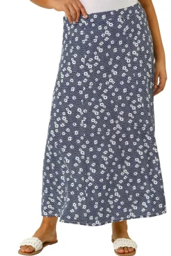 Skirts>Roman Navy Curve Daisy Print Midi Skirt