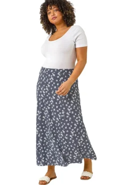 Skirts>Roman Navy Curve Daisy Print Midi Skirt