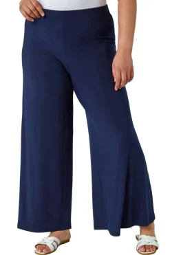 Trousers>Roman Curve Elastic Waist Wide Leg Trousers Navy
