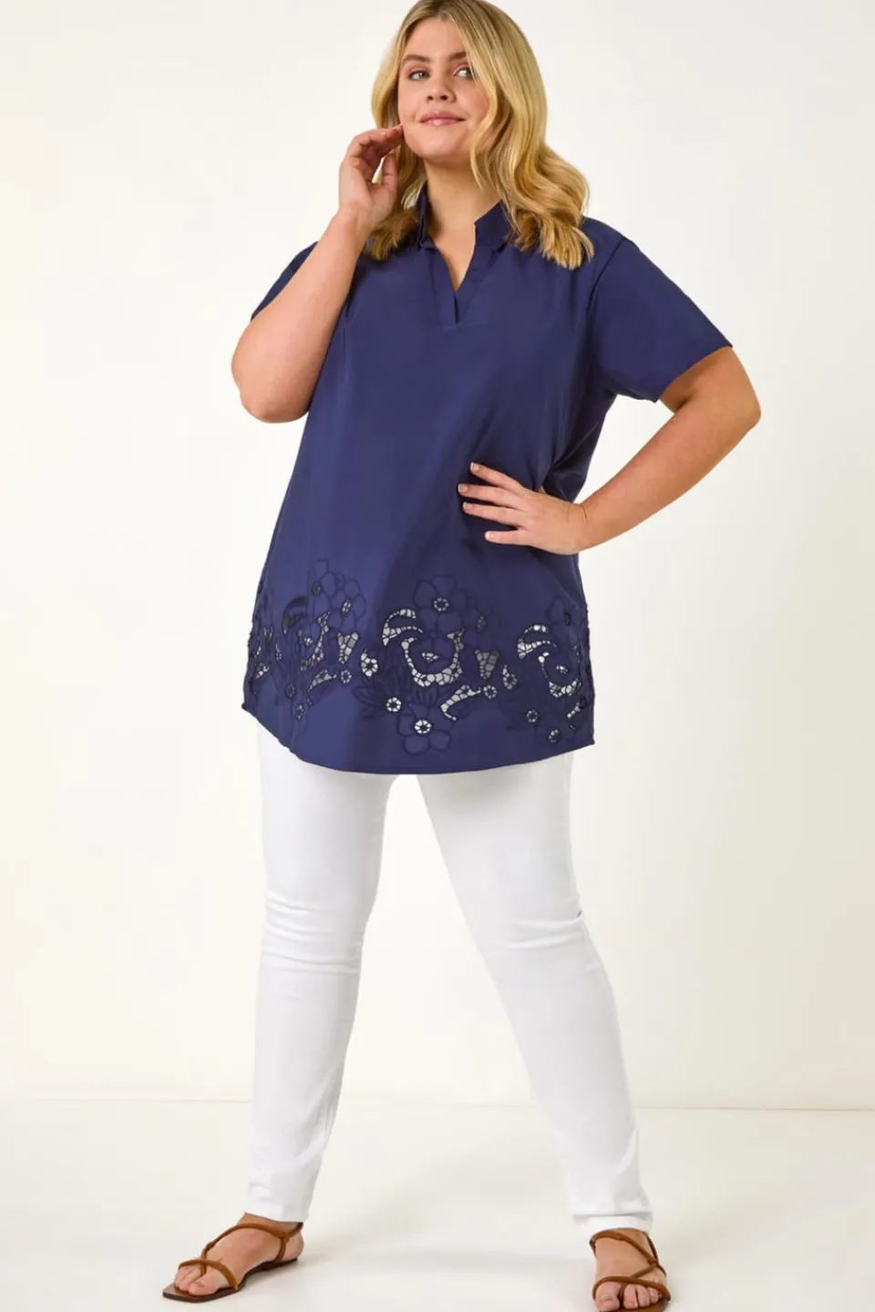Tops>Roman Navy Curve Floral Cut Out Woven Top
