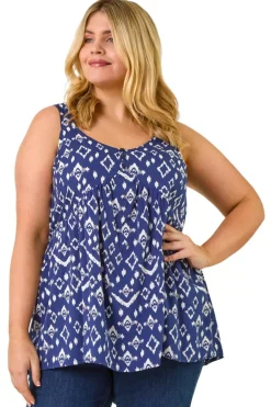 Tops>Roman Navy Curve Ikat Print Woven Vest Top
