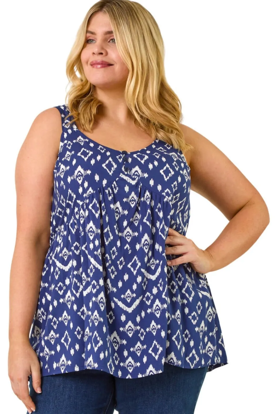 Tops>Roman Navy Curve Ikat Print Woven Vest Top