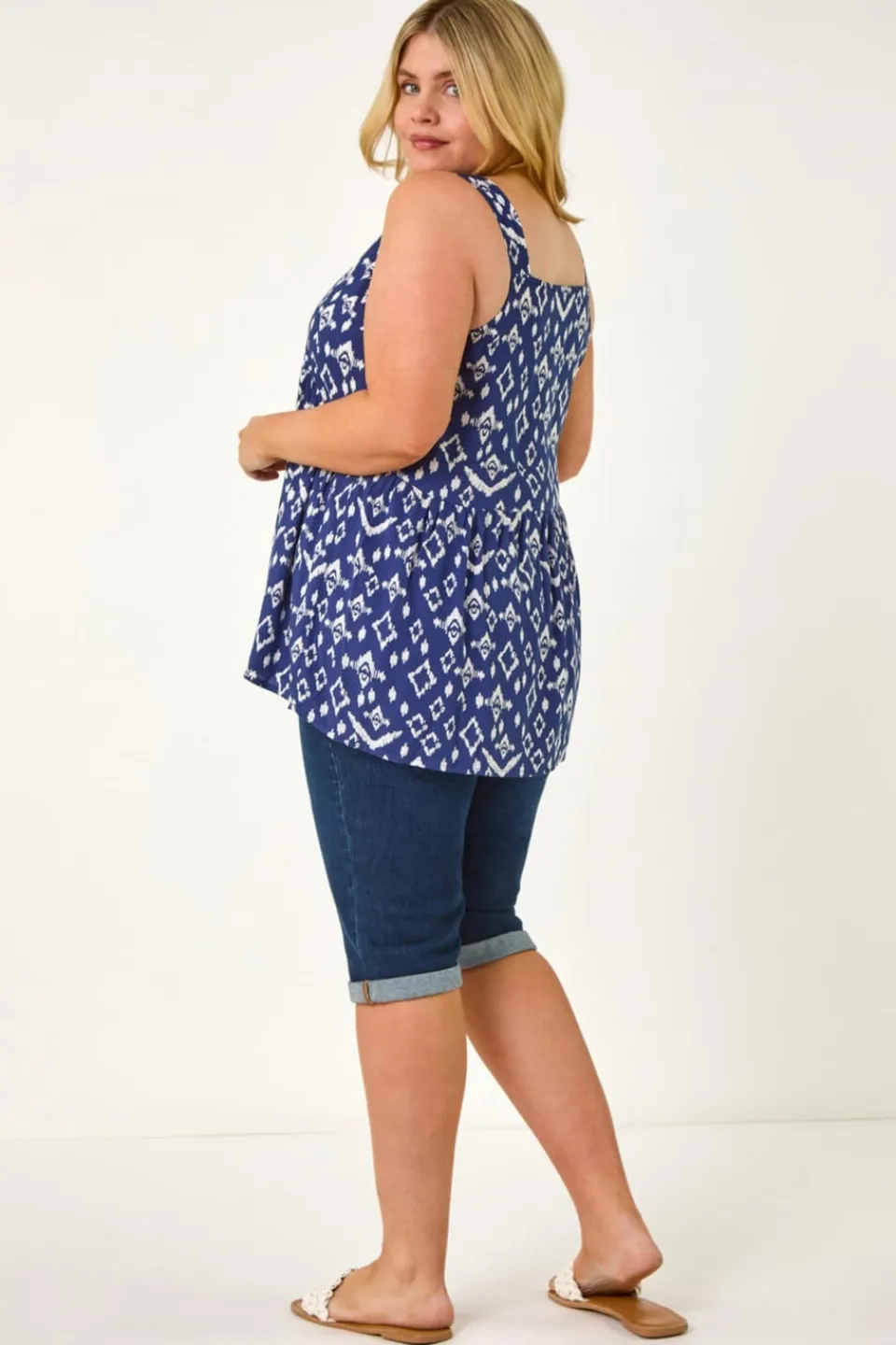 Tops>Roman Navy Curve Ikat Print Woven Vest Top