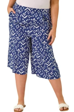 Trousers>Roman Navy Curve Ikat Print Wide Leg Culottes