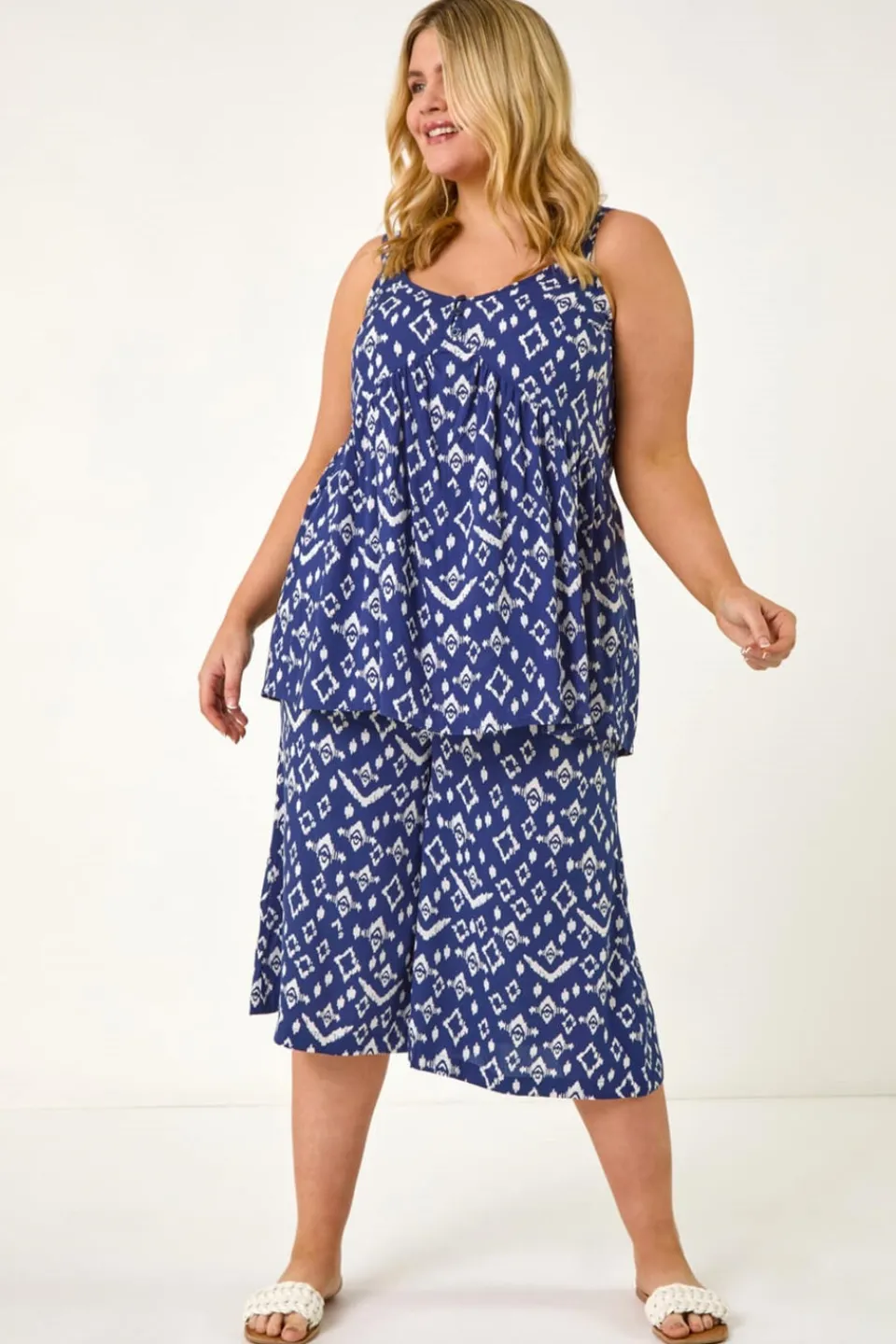 Trousers>Roman Navy Curve Ikat Print Wide Leg Culottes