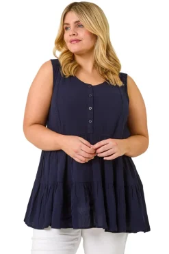 Tops>Roman Navy Curve Lace Detail Vest Top