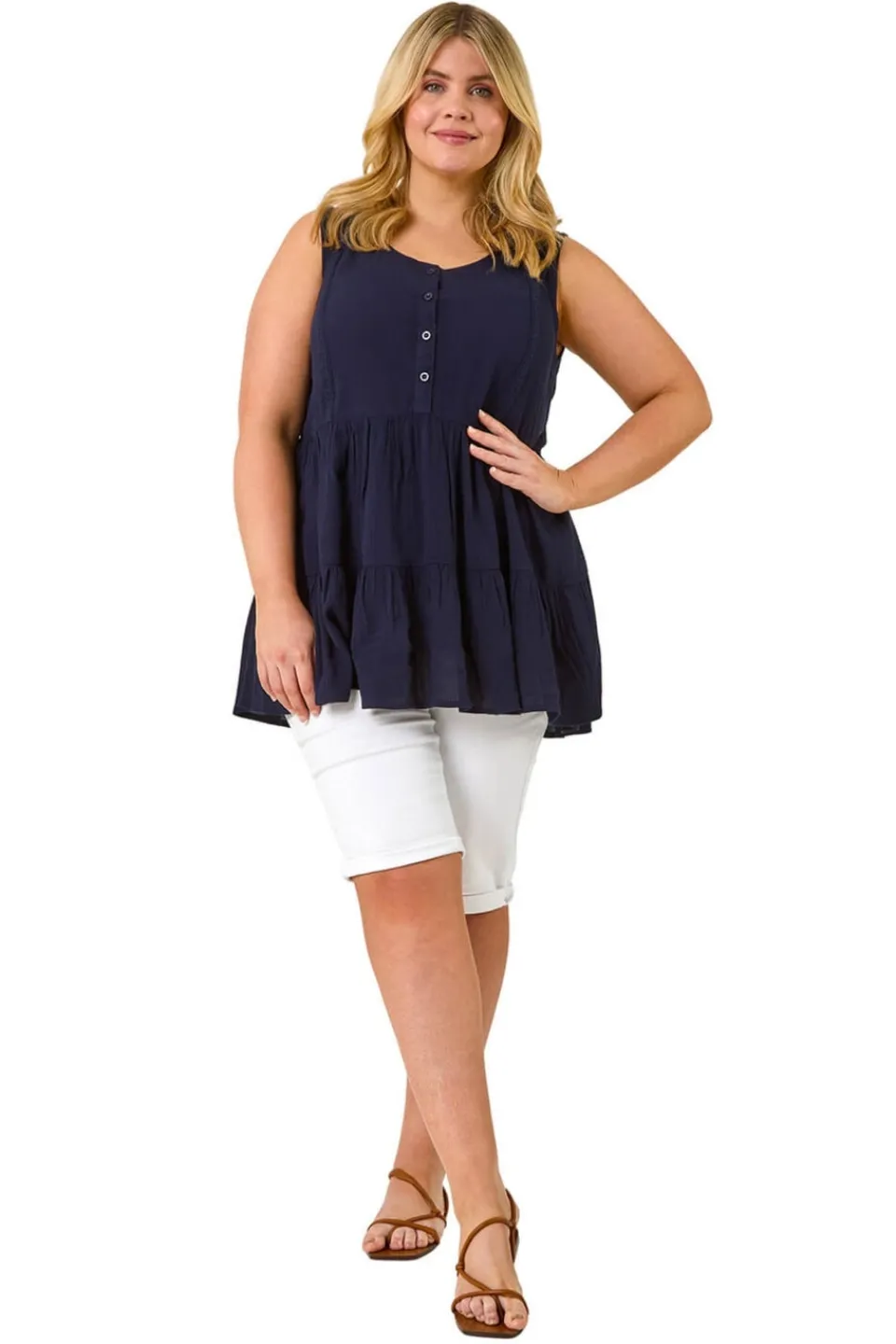 Tops>Roman Navy Curve Lace Detail Vest Top
