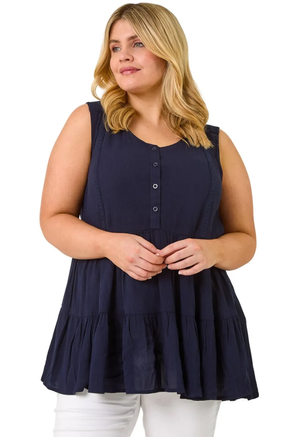 Tops>Roman Navy Curve Lace Detail Vest Top