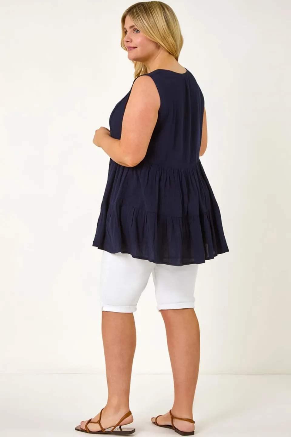 Tops>Roman Navy Curve Lace Detail Vest Top