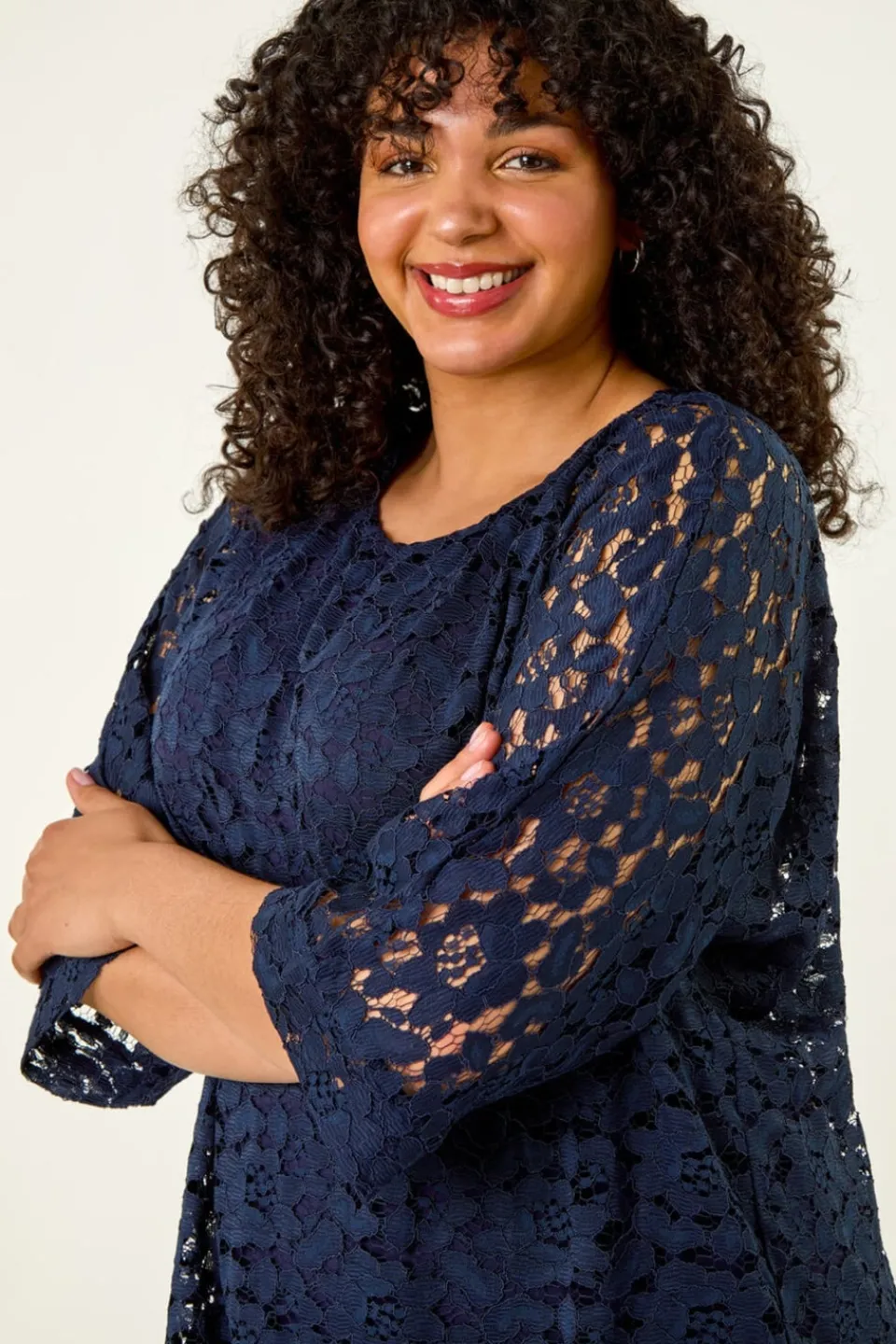 Tops>Roman Navy Curve Lace Front Stretch Top