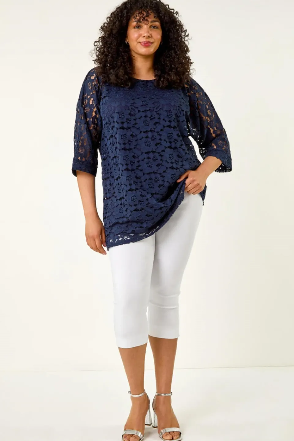 Tops>Roman Navy Curve Lace Front Stretch Top