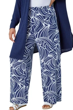 Trousers>Roman Navy Curve Linear Print Palazzo Trousers