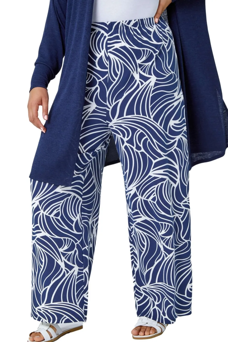 Trousers>Roman Navy Curve Linear Print Palazzo Trousers