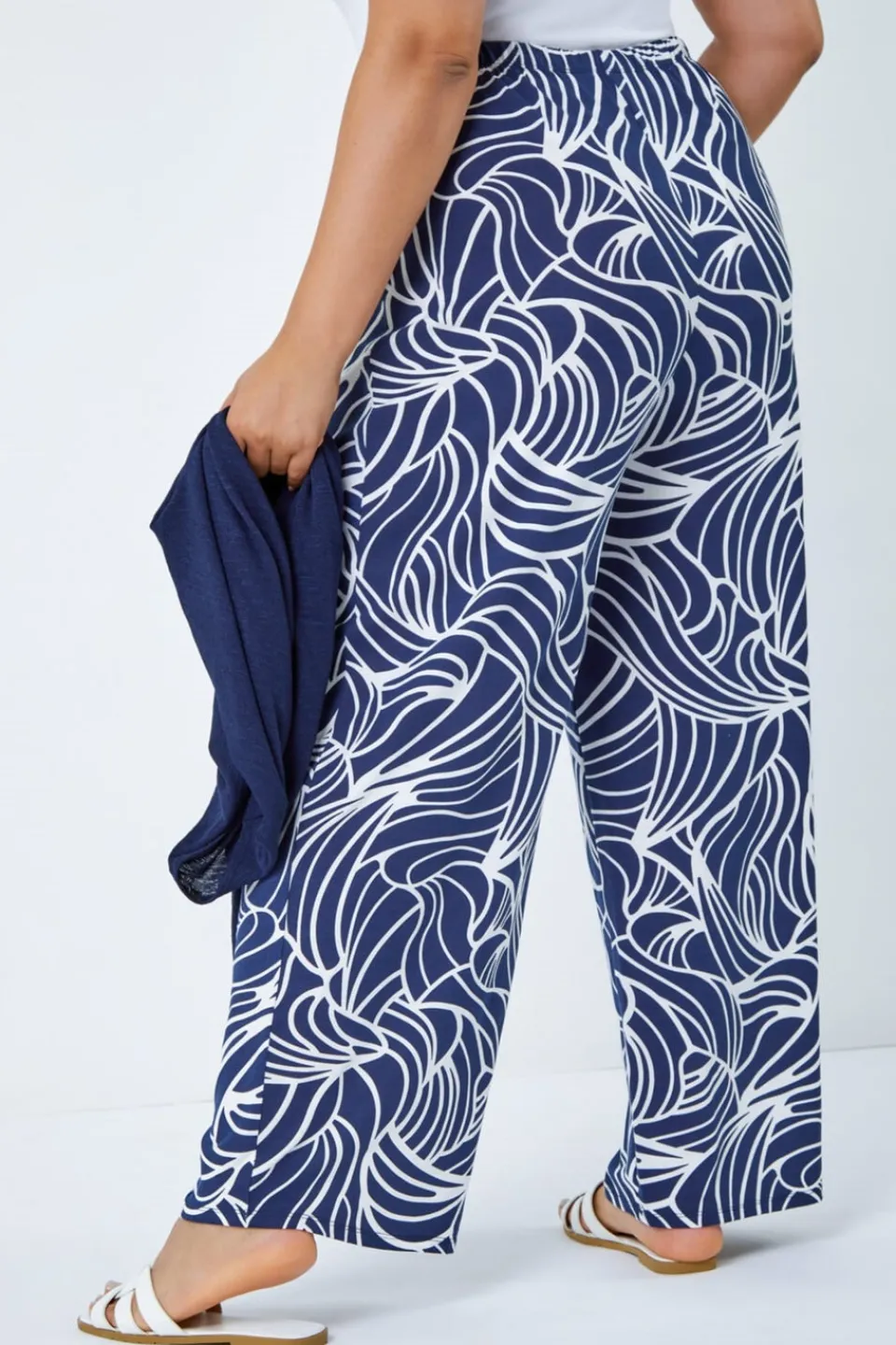 Trousers>Roman Navy Curve Linear Print Palazzo Trousers