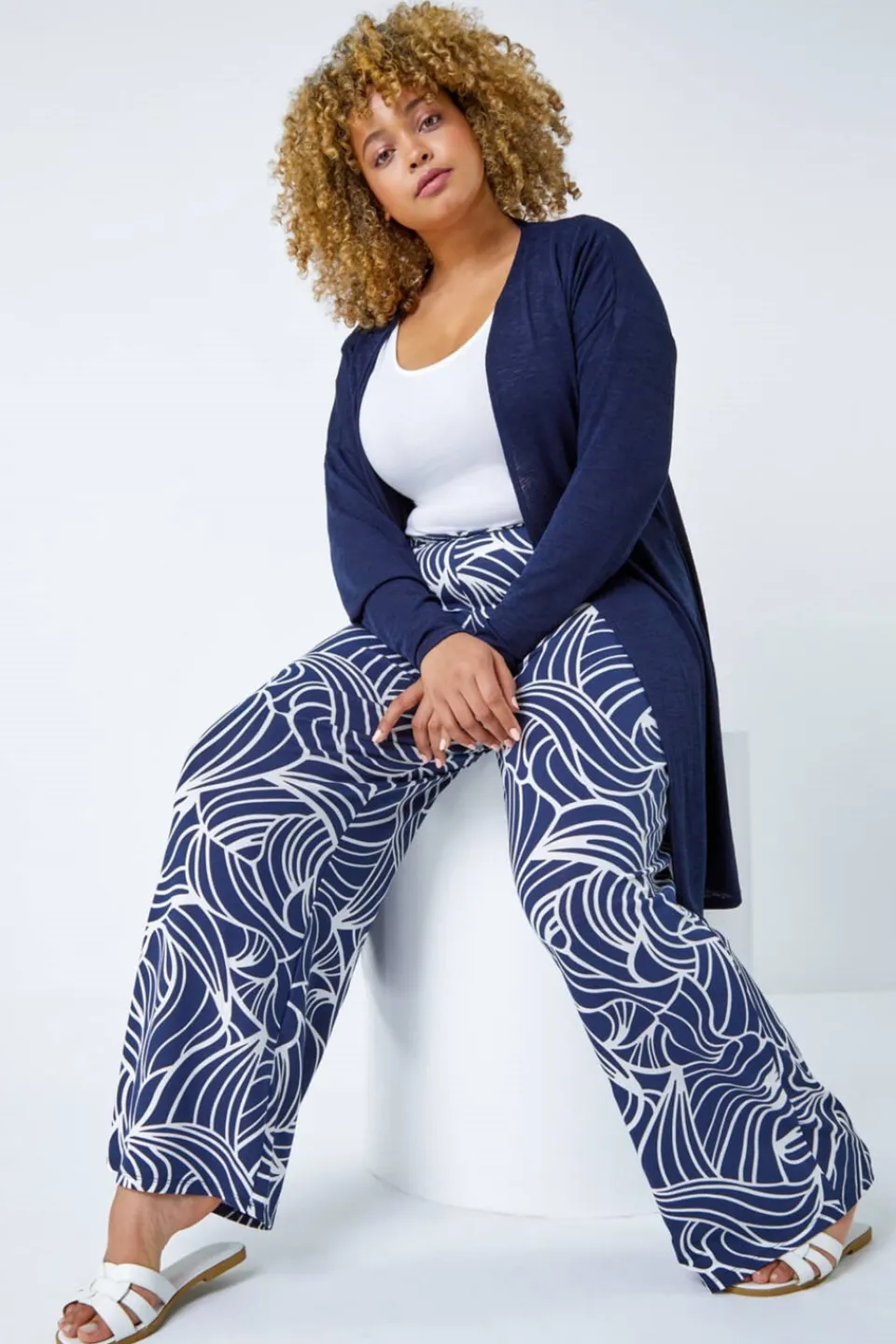 Trousers>Roman Navy Curve Linear Print Palazzo Trousers