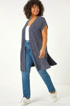 Tops>Roman Navy Curve Mono Print Stretch Cardigan