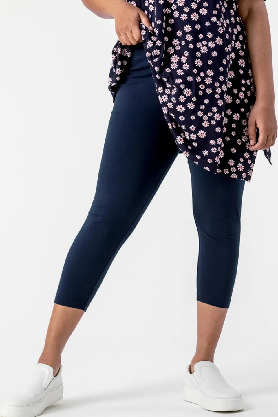 Leggings>Roman Curve Plain Elastic Waist Cropped Leggings Navy
