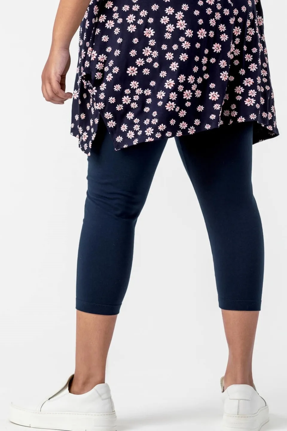 Leggings>Roman Curve Plain Elastic Waist Cropped Leggings Navy