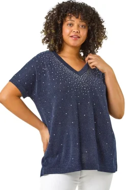 Tops>Roman Navy Curve Shimmer Hotfix Knit Top
